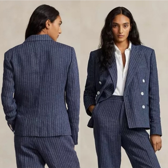 New.Polo Ralph Lauren Pinstripe Double Breasted Linen Blazer NWT Size 2 - Picture 3 of 6